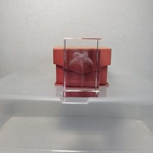 Vintage 3D Laser Etched Crystal Glass Cube Palm Tree Paperweight 3”x2” with Box